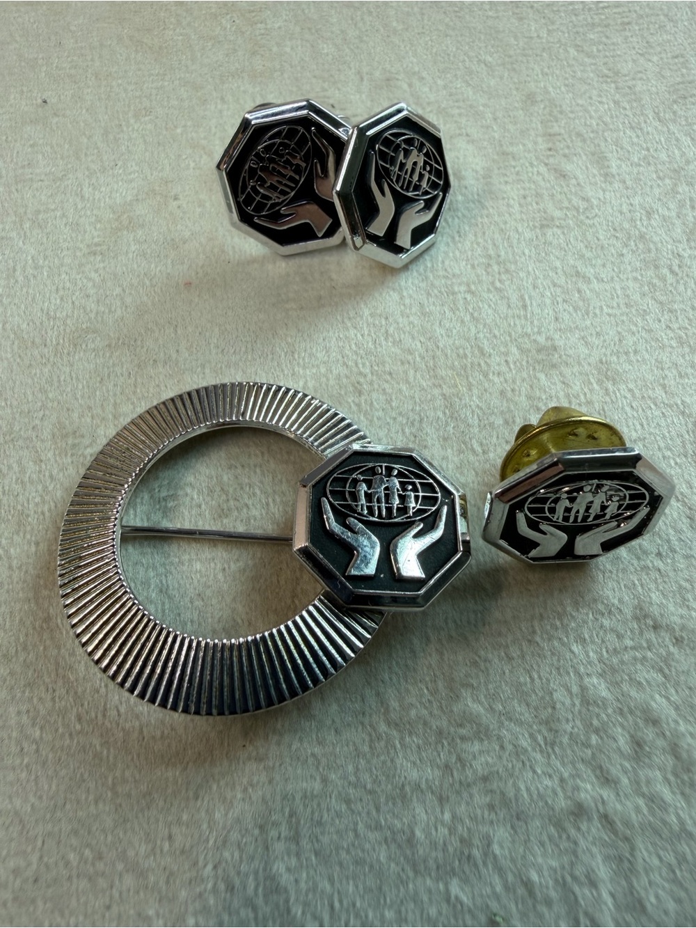Silver and Black Octagonal Family Emblem Pin and earrings  Set